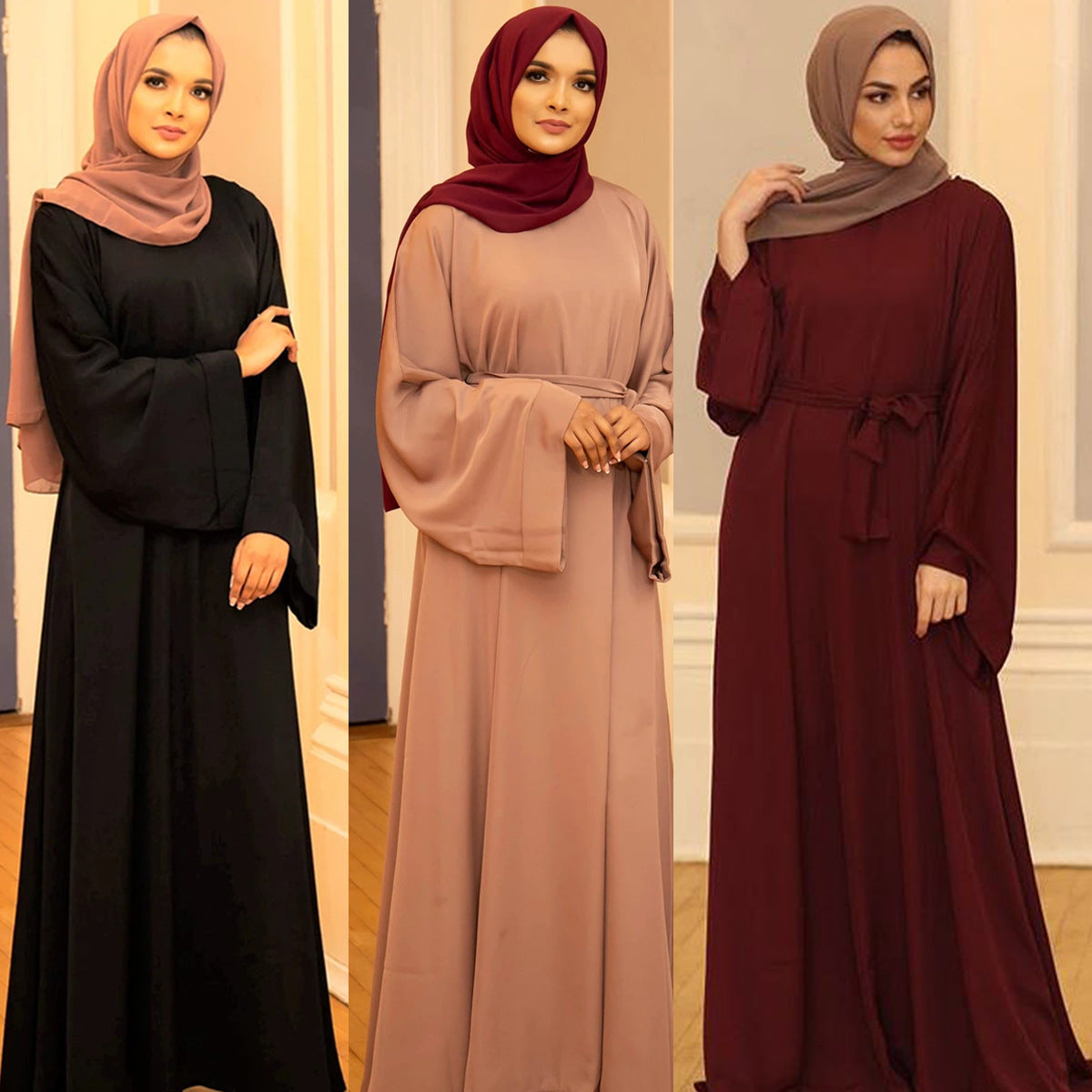Trendy Muslim Dress - Solid Color, Large Size Tie - Hot Sale on AliExpress, eBay, and Amazon Middle East-Dubai (Product Code: 6394)