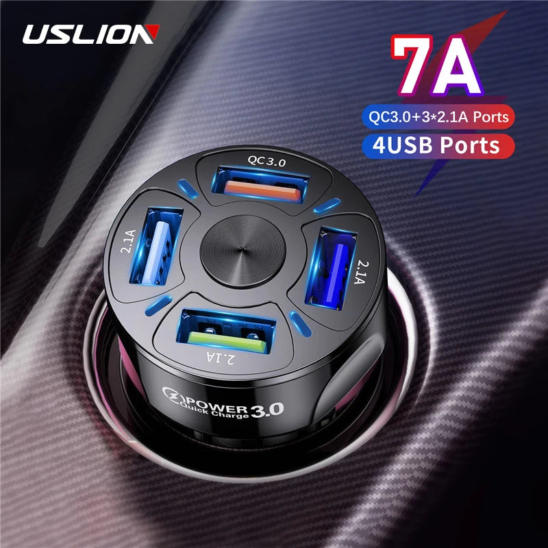 Optimize Product Title: USLION 4-Port USB Car Charger, 48W Quick Charge 7A Mini Fast Charging Adapter for iPhone 11, Xiaomi, Huawei, and More